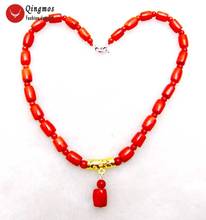 Qingmos Natural Red Coral Pendant Necklace for Women with 10-15mm Thick Slice & 5-6mm Round Coral Necklace 17'' Chokers Jewelry 2024 - buy cheap