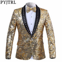 PYJTRL Men Luxurious Crystals Shawl Lapel Pink Gold Flower Sequins Fancy Slim Fit Suit Jacket DJ Singer Blazer Designs 2024 - buy cheap