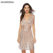 KAUNISSINA Women Sexy Sequins Cocktail Dress Solid V-Neck Sleeveless High Waist Dress Homecoming Dresses Party Gown Real Photo 2024 - buy cheap