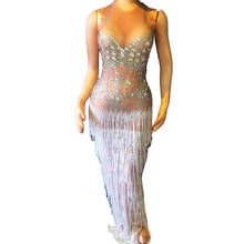 Sparkly strass prata borla feminino vestido longo dancer ds trajes aniversário celebrar festa vestir mostrar desempenho vestido 2024 - compre barato