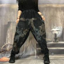 Outono novo estilo de artes mulheres cintura elástica solto casual jeans splice vintage impressão algodão denim harem calças jeans femininas 2024 - compre barato