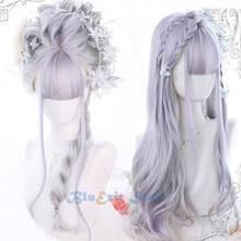 Peluca de Lolita para niñas adultas, pelo largo y rizado con flequillo, color gris, púrpura claro, Gradual, Cosplay de hada Harajuku 2024 - compra barato