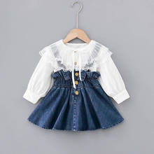 Autumn Infant Baby Girls Clothes Set Sweet Lace Large Lapel Long-sleeved Shirt + Cowboy  Dress 2pcs Set Denim Princess 2024 - buy cheap