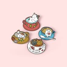 Retro Classic Afternoon Tea Cup Metal Enamel Brooch Cute Leisurely Cat Coffee Badge Fashion Lapel Backpack Jewelry Accessories 2024 - buy cheap