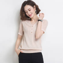 Blusa de malha feminina fina de verão, decote em v, camisola de tamanho grande, suéter casual coreano 2024 - compre barato