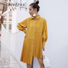 TWOTWINSTYLE Casual Pleated Women's Dress Lapel Collar Lantern Long Sleeve Asymmetrical Hem Female Dresses Fashion 2020 Clothing 2024 - buy cheap