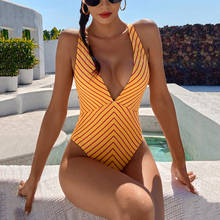 Сексуальная Женская одежда для плавания в полоску с треугольным вырезом 2021, Цельный купальник, Женский монокини с открытой спиной, купальный костюм с высоким вырезом для женщин 2024 - купить недорого