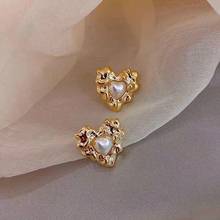 Yaologe Embracing Shape Double Heart Earrings 2020 Summer Fashion New Beads Pearl White Golden earrings Stud jewelry women 2024 - buy cheap