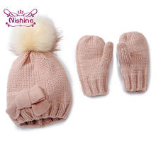 Nishine 2 Pcs Winter Warm Solid Color Kids Gloves Knitted with Bows Baby Girl Toddler Hats Newborn Birthday Gifts Photo Props 2024 - buy cheap