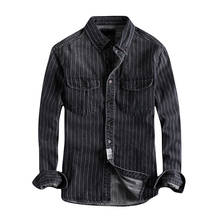 Japanese Harajuku Vertical Striped Jeans Shirt for Men Urban Boys Streetwear Long Sleeve Button Down Denim Shirt Plus Size 2024 - buy cheap