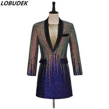 Men Singer Star Host Sequins Long Coat Multi-color Splicing Sequined Suit Jacket Stage Costume Magician Evening Party Overcoat 2024 - buy cheap