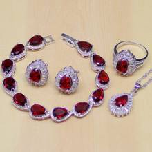 Conjunto de joyería de plata de ley 925 con Topacio blanco y rojo rubí, pendientes de tuerca, colgante, collar, anillo, pulsera, regalo, gota de agua 2024 - compra barato