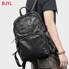 Mochila masculina de couro legítimo, bolsa para laptop retrô com grande capacidade, couro preto, couro curtido vegetal 2024 - compre barato