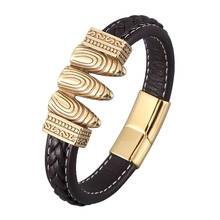 Retro Men Jewelry Bullet Shape Gold Stainless Steel Magnet Clasp Brown Leather Wristband Bracelet Punk Male Accessories SP0911 2024 - buy cheap