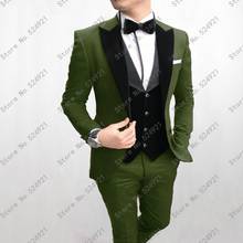 Newest Groomsmen Peak Velvet Lapel Groom Tuxedos Olive Green+Black Men Suits Wedding Best Man (Jacket+Pants+Bow Tie+Vest) C623 2024 - buy cheap