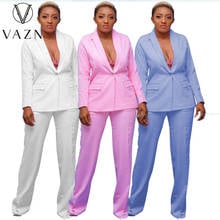 2020 однотонный деловой костюм VAZN с длинным рукавом и отложным воротником, блестящие сексуальные длинные брюки для молодежи в стиле Хай-стрит, Женский комплект из 2 предметов 2024 - купить недорого
