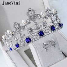 JaneVini-tiara de boda con pendientes y cristales para el cabello, tiara nupcial Vintage de color azul real, corona de reina a la moda, accesorios para el cabello 2024 - compra barato