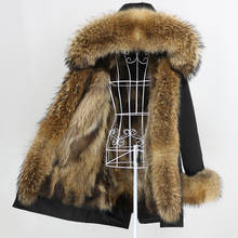 Oftbuy 2021 novo longo parka jaqueta de inverno feminino real casaco de pele de raposa natural gola de pele de guaxinim capuz grosso quente streetwear outerwear 2024 - compre barato