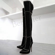 Berzimer mulher sobre o joelho botas de camurça falso cravejado coxa salto alto botas de festa preto zapatos sapatos mulher tamanho grande 39 47 2024 - compre barato
