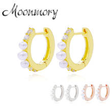 Moonmory-pendientes de aro de plata de ley 100% 925 con perlas para mujer, aretes de aro de circonita para fiesta, joyería con Piercing 2021 2024 - compra barato