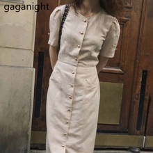 Gaganight Vintage Solid Women Maxi Dress Short Sleeve V Neck Office Lady Single Breasted Korean Dresses Bodycon Slim Vestidos 2024 - buy cheap