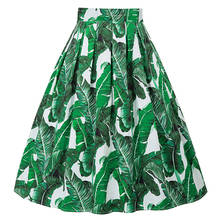 Green Vintage Pleated Skirts Retro Leaf Floral Print Womens 50s 60s 40s High Waist Plus Size Midi Cotton Summer Casual Skirt 2024 - buy cheap