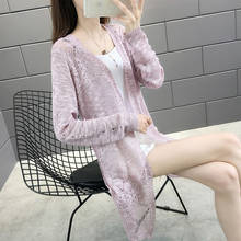 In the summer ice silk knit female with a cardigan long blouse long-sleeved hollow out sunscreen shawl thin coat 2024 - buy cheap