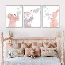 Watercolor Woodland Blow Bubble Animal Canvas Poster Nursery Room Rabbit Bear Print Painting Nodic Picture Kids Bedroom Decor 2024 - buy cheap