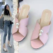 Zapatillas de perlas para mujer, Sandalias de tacón alto cuadrado de cristal a la moda, zapatos de tacón alto para mujer de talla grande 43, novedad de verano 2021 2024 - compra barato