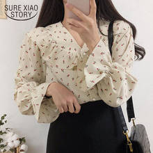 2020 coreano outono puff manga chiffon blusa feminina senhora do escritório com decote em v camisas florais mulheres cardigan plus size senhoras topos 10335 2024 - compre barato