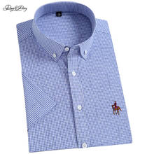 Camisa xadrez de algodão masculina, camisa social para homens de bambu com manga curta estampada, gola social casual para verão 2021 2024 - compre barato