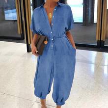 Women Denim Jumpsuit Short Sleeve Solid Color Buttons Pockets Long Baggy Romper Overall for Work 2024 - buy cheap