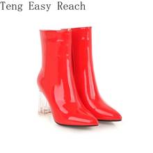 2021 Winter Patent PU Leather Silver Red Clear Transparent Round High Heels Woman Boots Pointed Toe Martin Ankle Boots Women 43 2024 - buy cheap