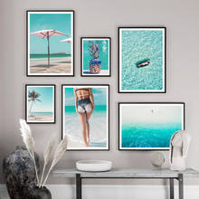 Pintura en lienzo de chica de playa, carteles nórdicos e impresiones de pared para decoración de sala de estar, árbol de coco y Mar 2024 - compra barato