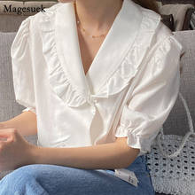 Eleagnt Sweet Puff Short Sleeve Ruffled Women's Shirts Turn-down Collar Blouses Woman Korean Chic Loose White Tops Blusas 14364 2024 - buy cheap