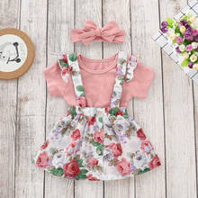 Tops de recém-nascidos macacão de verão bonitos meninas rosa criança floral impressão bowknot saia de bebê conjunto de roupas 3 peças 2024 - compre barato