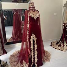 Thinyfull Burgundy Two Piece Karakou Evening Dresse With Shawl Gold Lace Train Caftan Prom Dress Party Gown Vestido De Festa 2024 - buy cheap