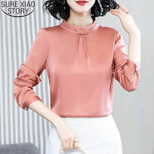 Женская офисная блузка с воротником-стойкой, Корейская одежда, весна 2021, шелковая атласная блузка с длинным рукавом, топы, блузы 13045 2024 - купить недорого