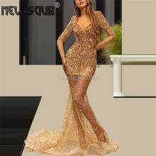 Gold Beading Arabic Evening Dresse Dubai Mermaid Celebrity Party Dresses 2020 Long Sleeves Vintage Prom Gowns Vestido De Festa 2024 - buy cheap