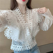 French Vintage top V-neck bubble sleeve lace cut out Butterfly Vintage Blouse Women White Lady Long Sleeves Female Loose 86B 2024 - buy cheap