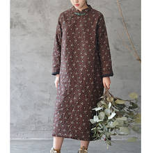 SCUWLINEN Chinese Style Robe 2021 Vintage Daisy Print Stand Collar Loose Thick Long Cotton Padded Dress P309 2024 - buy cheap