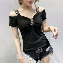 Camiseta feminina #5947 algodão stretch com ombro de fora, decote em v, rebite, justa, manga curta, sexy, tops de verão 2024 - compre barato