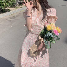 Estilo coreano francês bandagem mini vestido floral do vintage feminino design vestidos de verão com decote em v 2021 verão casual com decote em v 2024 - compre barato