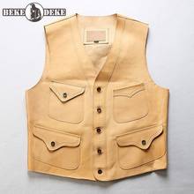 Mens Natural Horse Leather Vest Single Breasted Pockets Slim Fit Sleeveless Cargo Jacket Bikers V Neck Genuine Leather Waistcoat 2024 - buy cheap