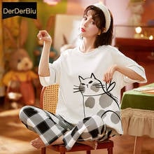 High Quality Women's Cotton Pajamas Summer Sleepwear Set Lattice Long Pants Cartoons Short Sleeves Pijama Casual Pyjama Homewear 2024 - buy cheap