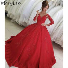 Vestido de noite vermelho com decote em v, mangas compridas, vestido de festa cristalino macio, de tule 2024 - compre barato