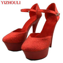Sapatos vermelhos com lantejoulas para festa de casamento, sapatos com plataforma stiletto de 6 polegadas, 15 cm, salto alto sexy, sapatos únicos femininos 2024 - compre barato