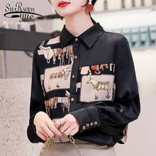 Женская винтажная рубашка с длинным рукавом и принтом в Корейском стиле, модная офисная блузка с отложным воротником, черные женские топы 8166 50 2024 - купить недорого