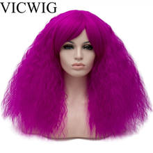 VICWIG-peluca sintética para mujer, de longitud media pelo rizado, color negro, rojo, verde, rosa, morado y blanco, para fiesta de Anime, Cosplay 2024 - compra barato