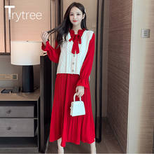 Trytree 2020 Autumn Winter Women two piece Set Casual Solid Knitted Vest + Dress Bow Tie Flare Sleeve Elastic Waist 2 Piece Set 2024 - buy cheap